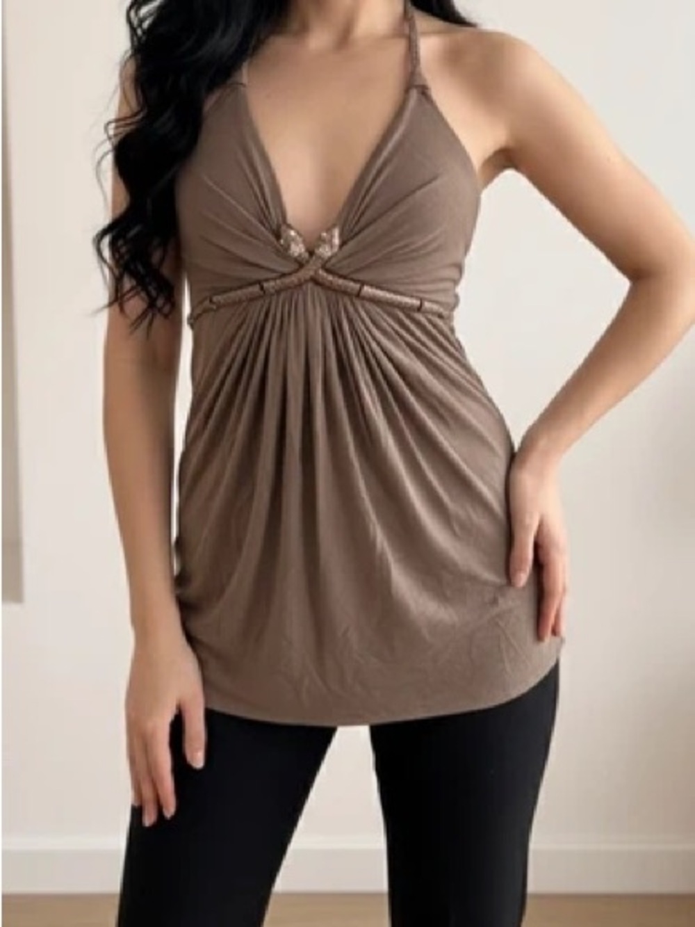 Women’s Brown Halter Ruched V-Neck Top
